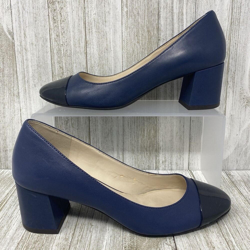 Cole Haan Dawna Pumps Navy Blue Leather Block Heel Cap Toe Black Shoes Size 6 B - Picture 10 of 11